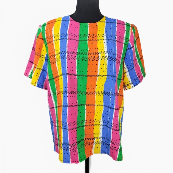 VTG JORDAN Short Sleeve Vibrant Mult-Colored Printed Patchwork Blouse - Picture 1 of 8